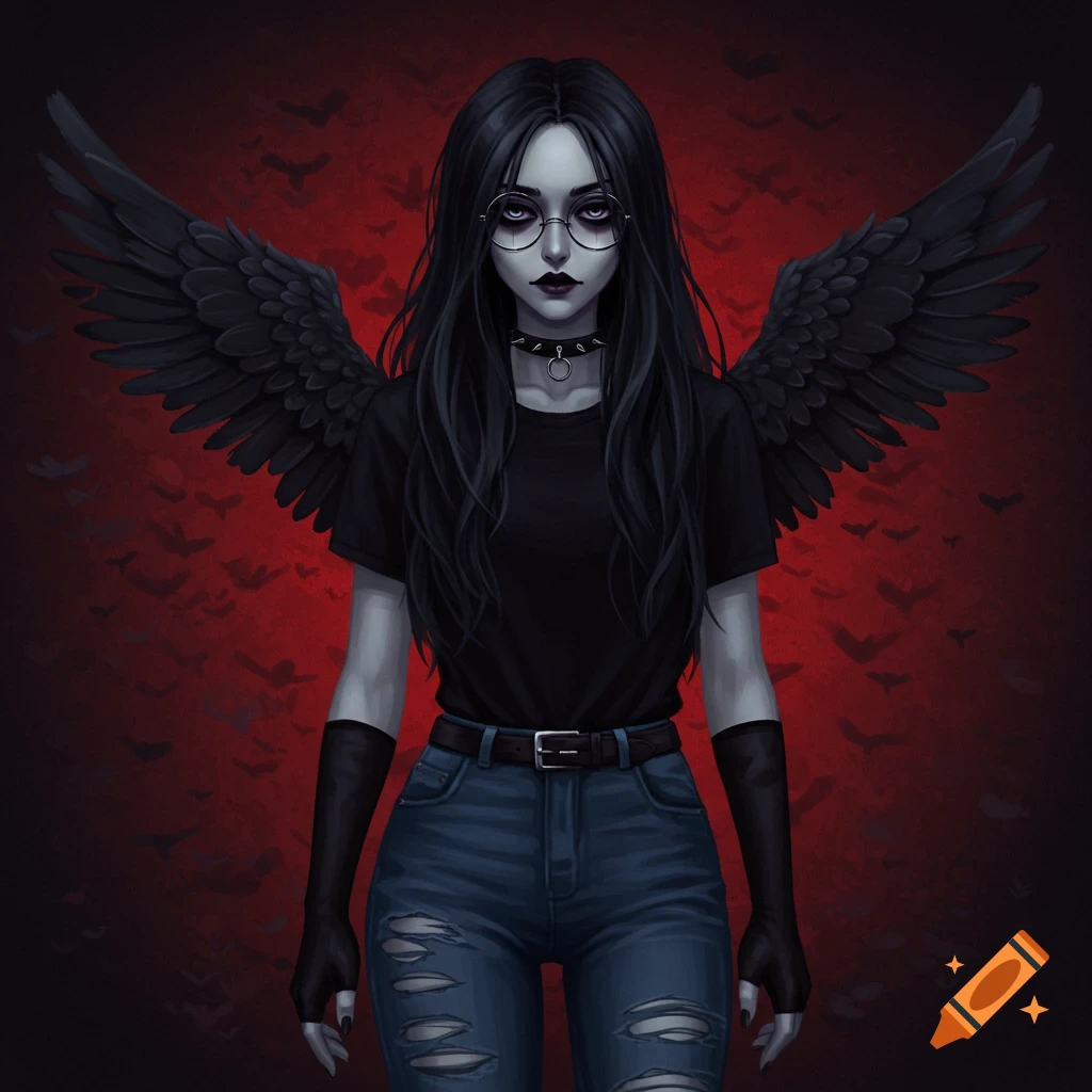 A gothic character with black wings, glasses, ripped jeans against a red background with bats.