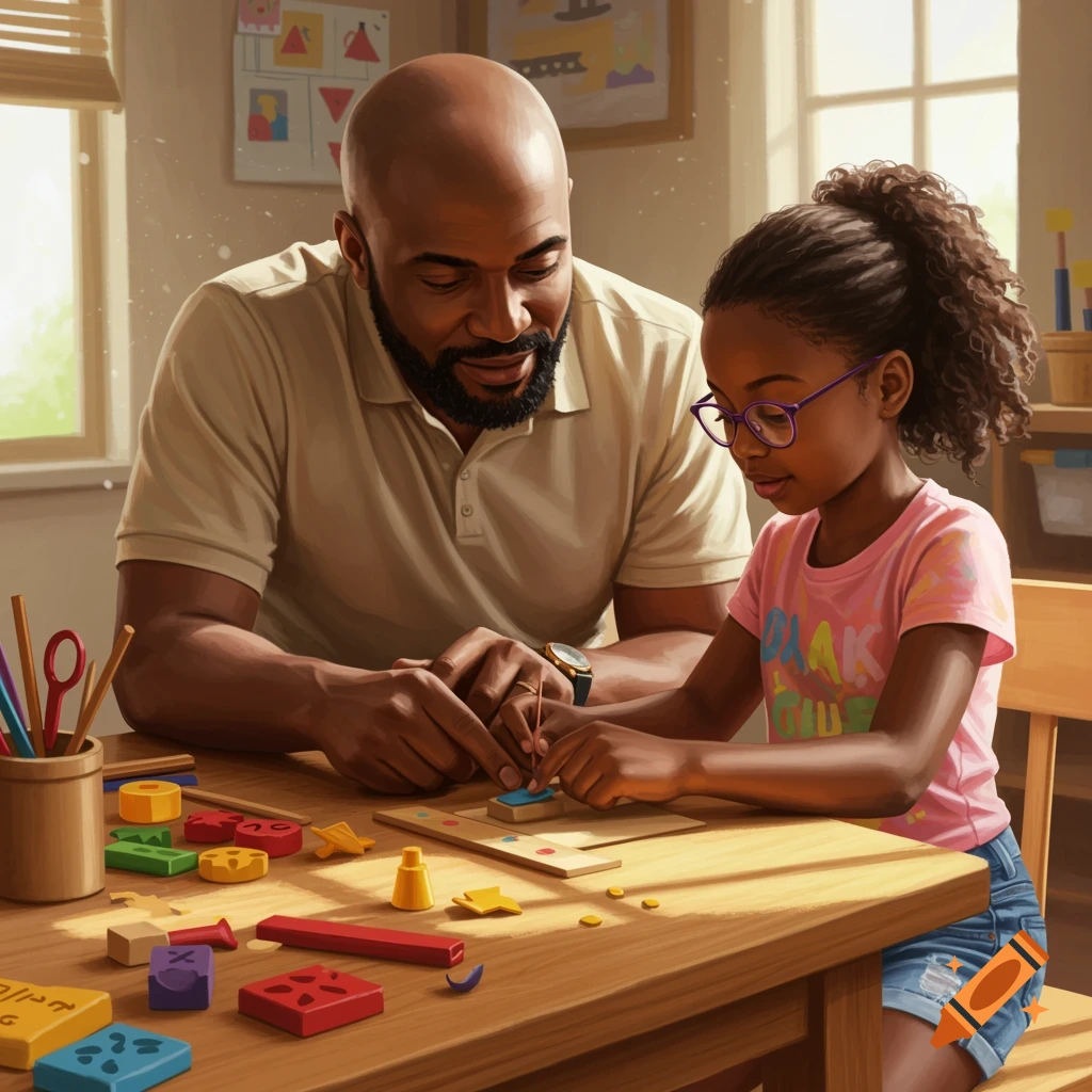 An illustration of a Black father and daughter learning together at a table with educational toys.