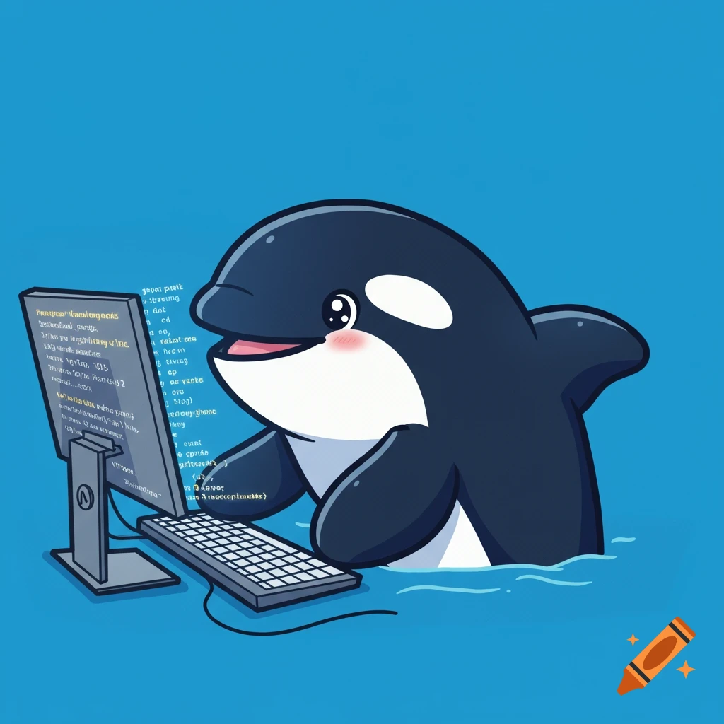 Cartoon illustration of a friendly orca programming on a computer in the water.