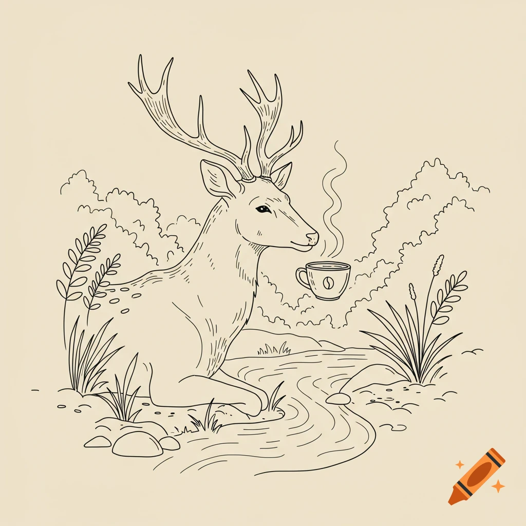 Outline drawing of a deer with a coffee cup sitting by a stream in the woods.