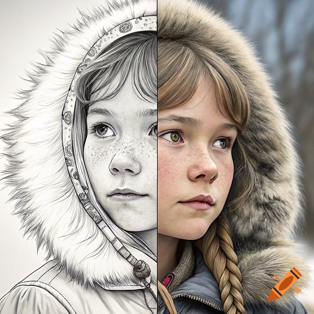 Split image of a girl in a fur-lined hood, left side black and white sketch, right side color photorealistic portrait.