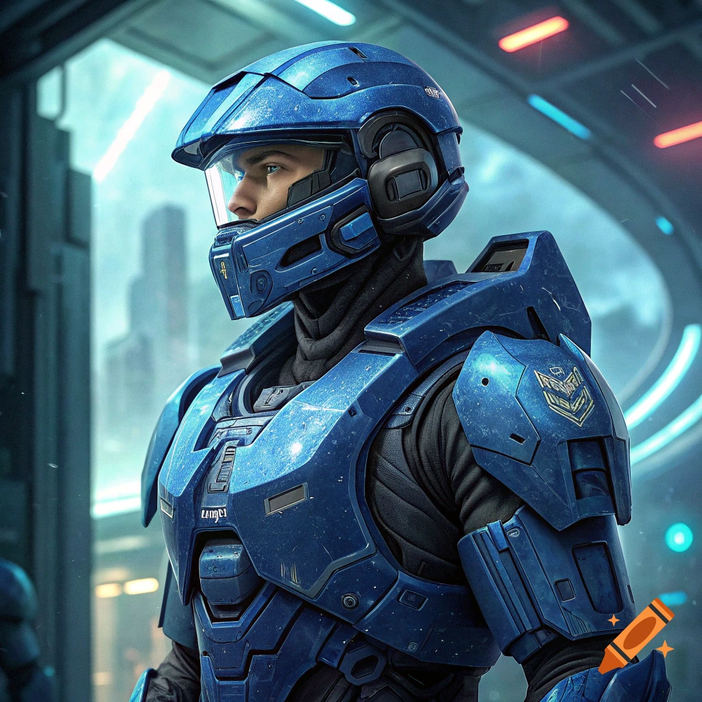 Person in futuristic blue power armor
