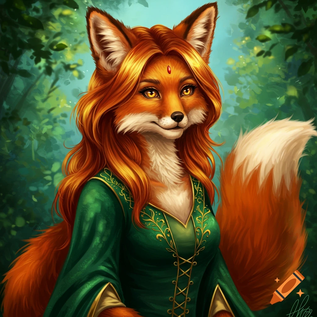 A portrait of a female fox character with red fur and long red hair, wearing a green medieval-style dress, standing in a forest. Illustrated style.