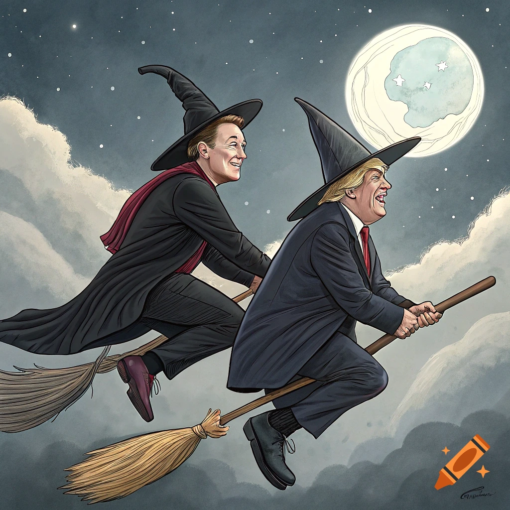 Illustration of Trump and Musk as witches flying on brooms under a full moon.