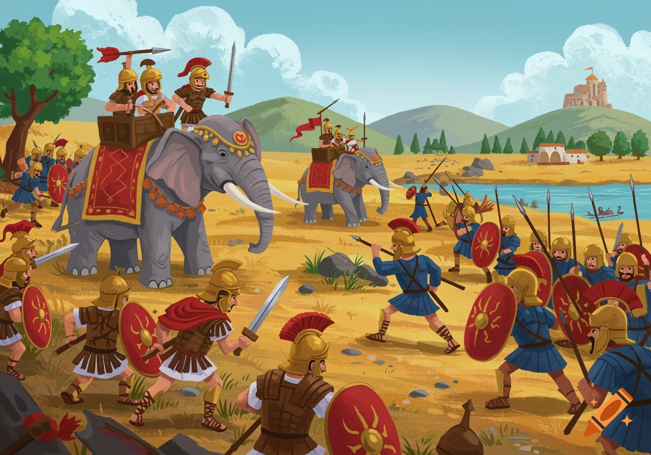 Cartoon illustration of a historical battle with soldiers fighting near elephants, a river, and a distant castle.