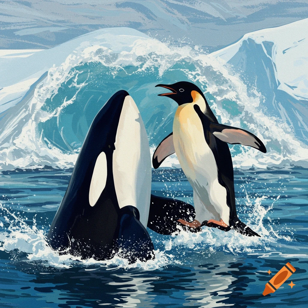 An emperor penguin faces an orca in the ocean near icebergs, illustration.