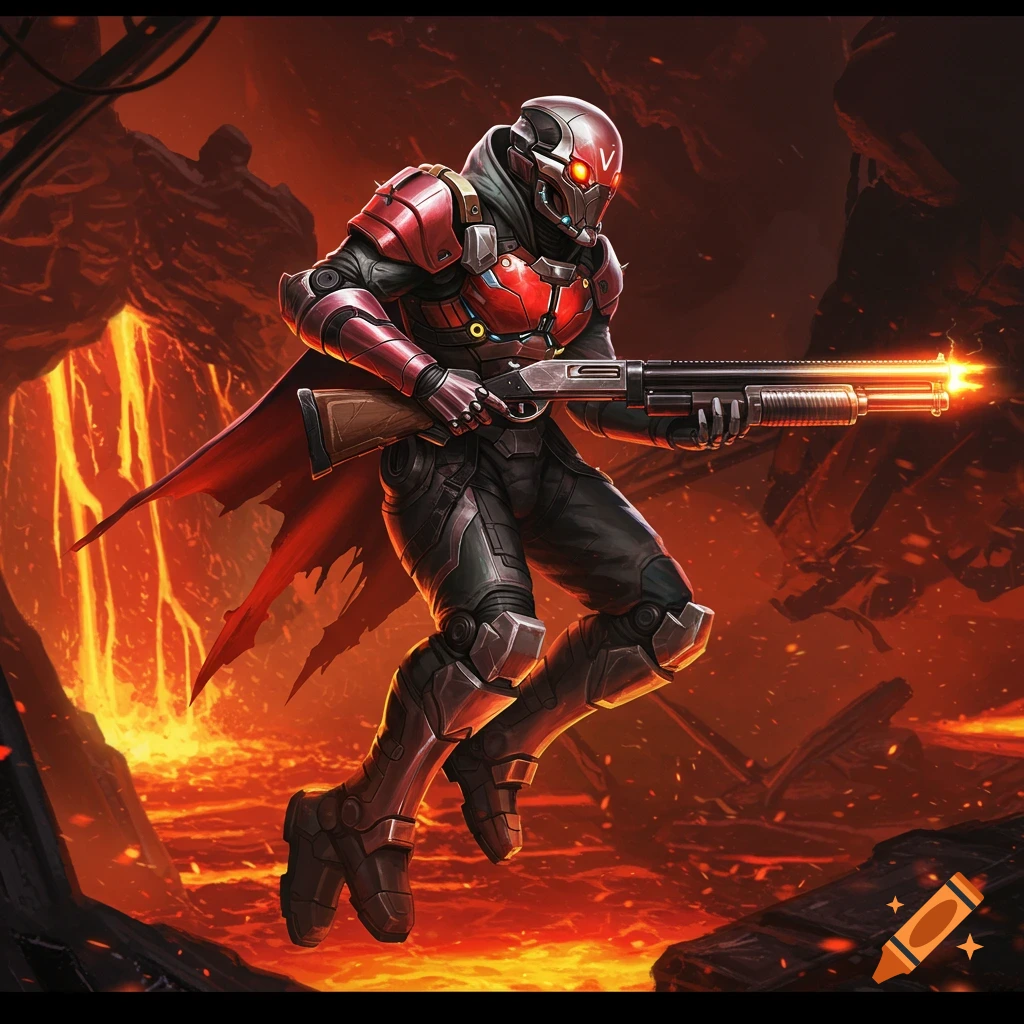 Futuristic character in red and black armor jumps over lava, holding a glowing shotgun.