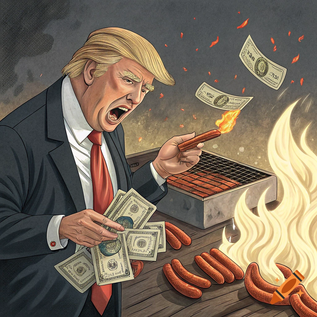 Cartoon of Donald Trump burning money to grill hot dogs