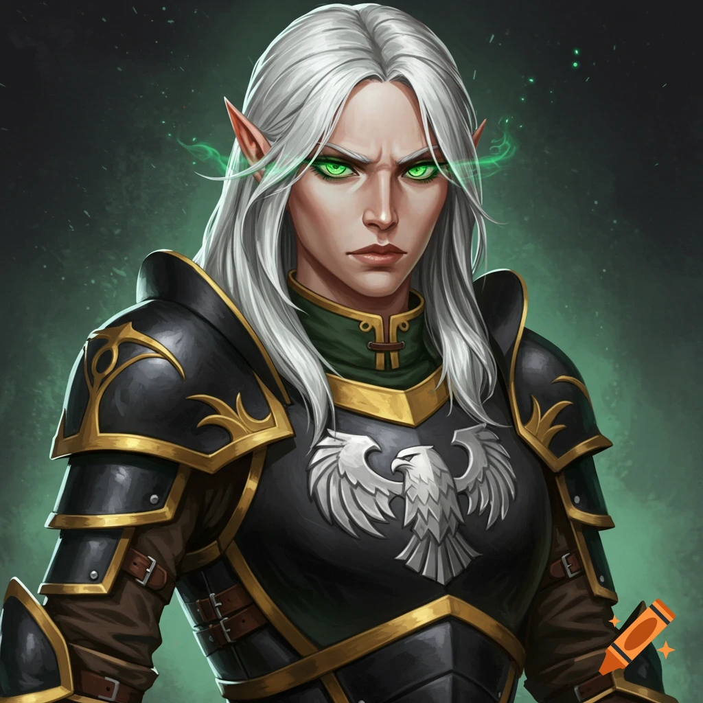 Portrait of a fantasy elf character in black and gold armor with green eyes and white hair.