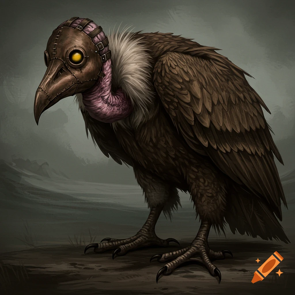 An illustration of a vulture wearing a plague doctor mask standing in a desolate landscape.