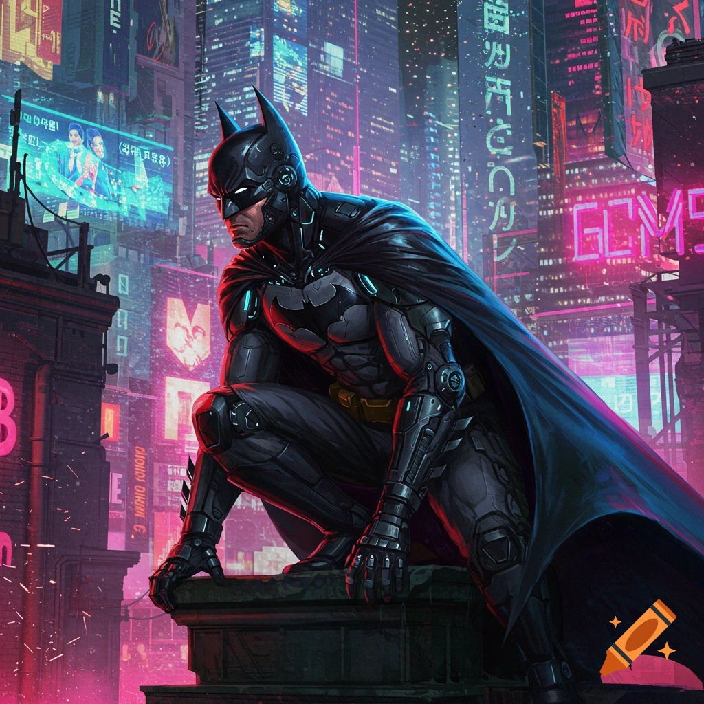 Batman crouches on a rooftop overlooking a neon-lit cyberpunk city.