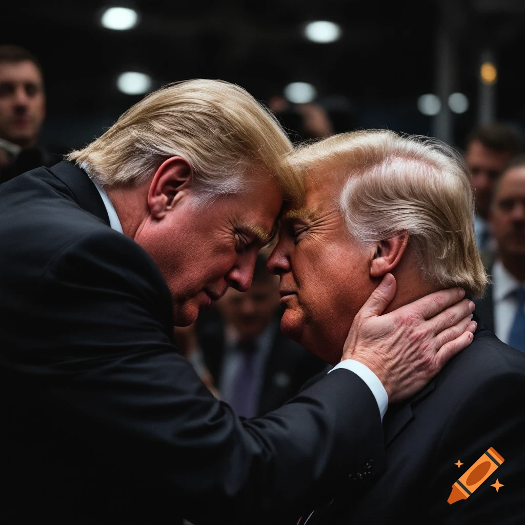 Two figures resembling Donald Trump touching foreheads in a close embrace, photorealistic style.