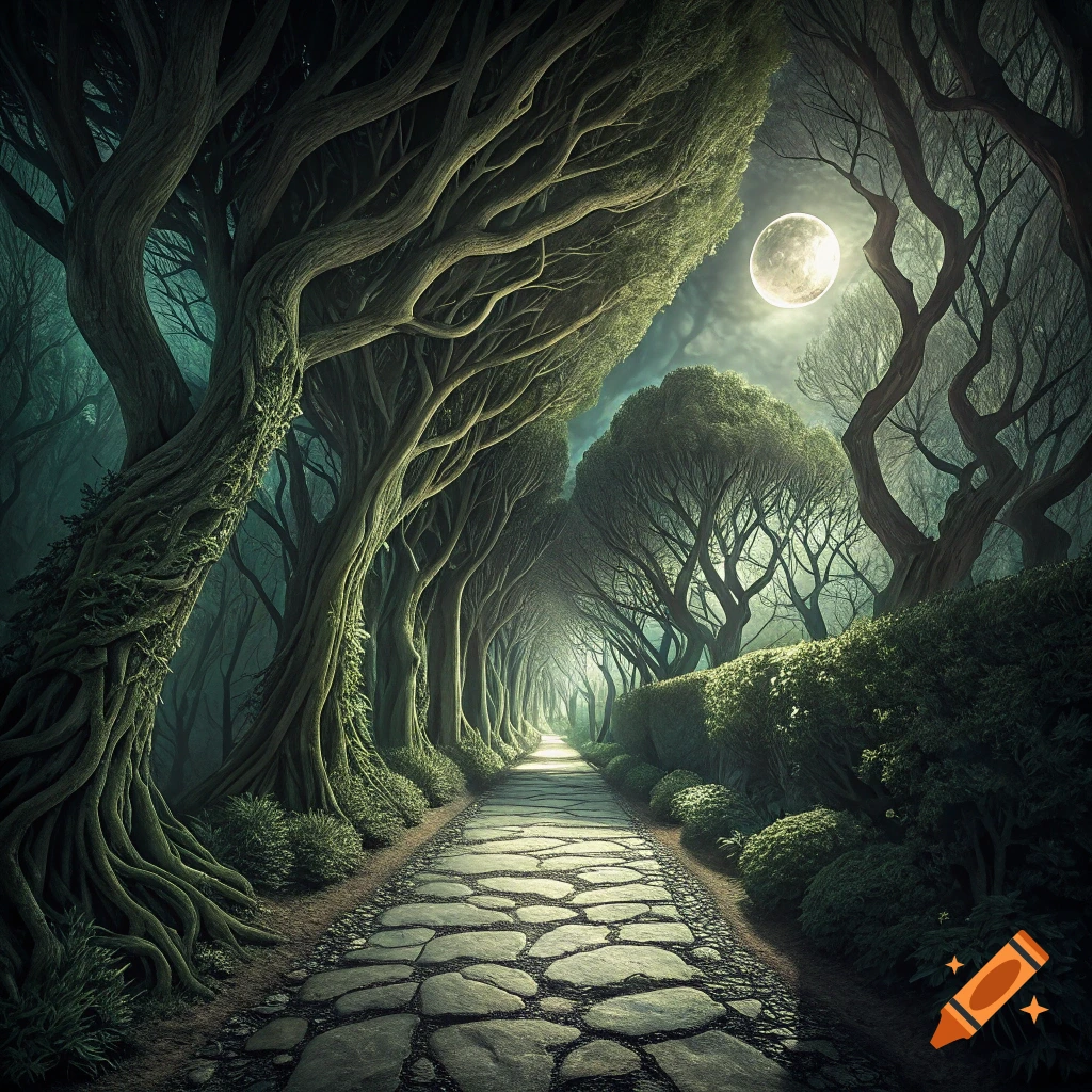 Stone path through a dark, eerie forest at night, lit by a full moon shining through twisted tree branches.