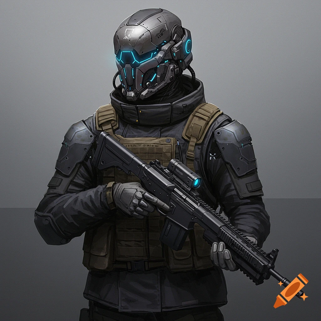 A futuristic soldier in tactical armor and helmet holds a rifle.