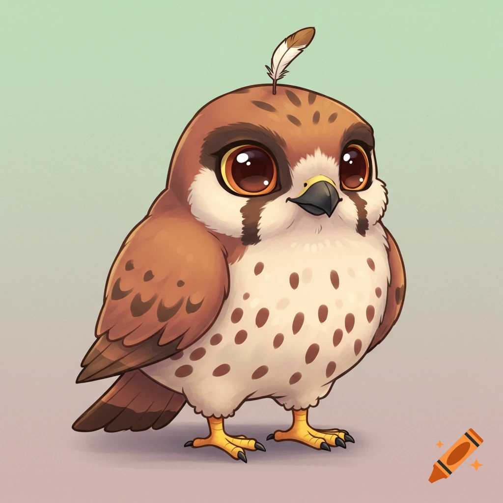 A cute cartoon falcon with big eyes, brown and white feathers, and a feather on its head.