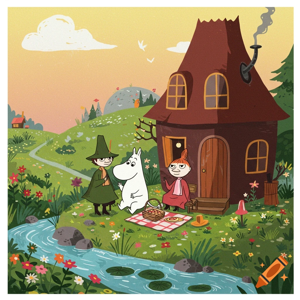 Moomin characters picnic near their house by a stream in a flowery field, illustration.