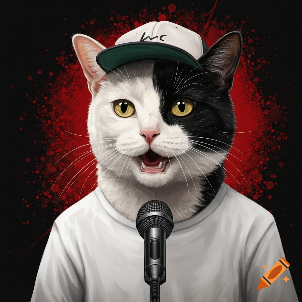 Illustration of a tuxedo cat rapper wearing a baseball cap and t-shirt, standing behind a microphone with an open mouth.