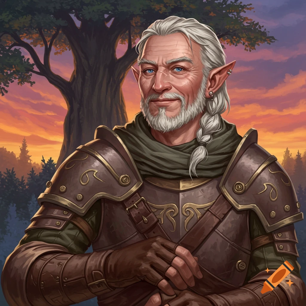 Portrait of an old half-elf warrior with gray hair, beard, and braid, smiling in armor against a sunset forest.