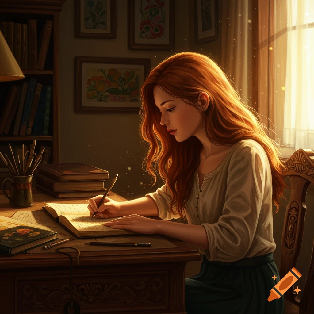 A woman with long red hair writes in a book at a desk bathed in warm sunlight from a window. There's a bookshelf behind her.