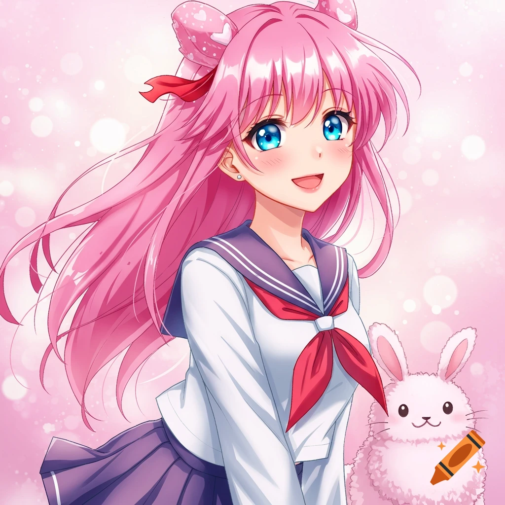 Anime girl with pink hair and a bunny