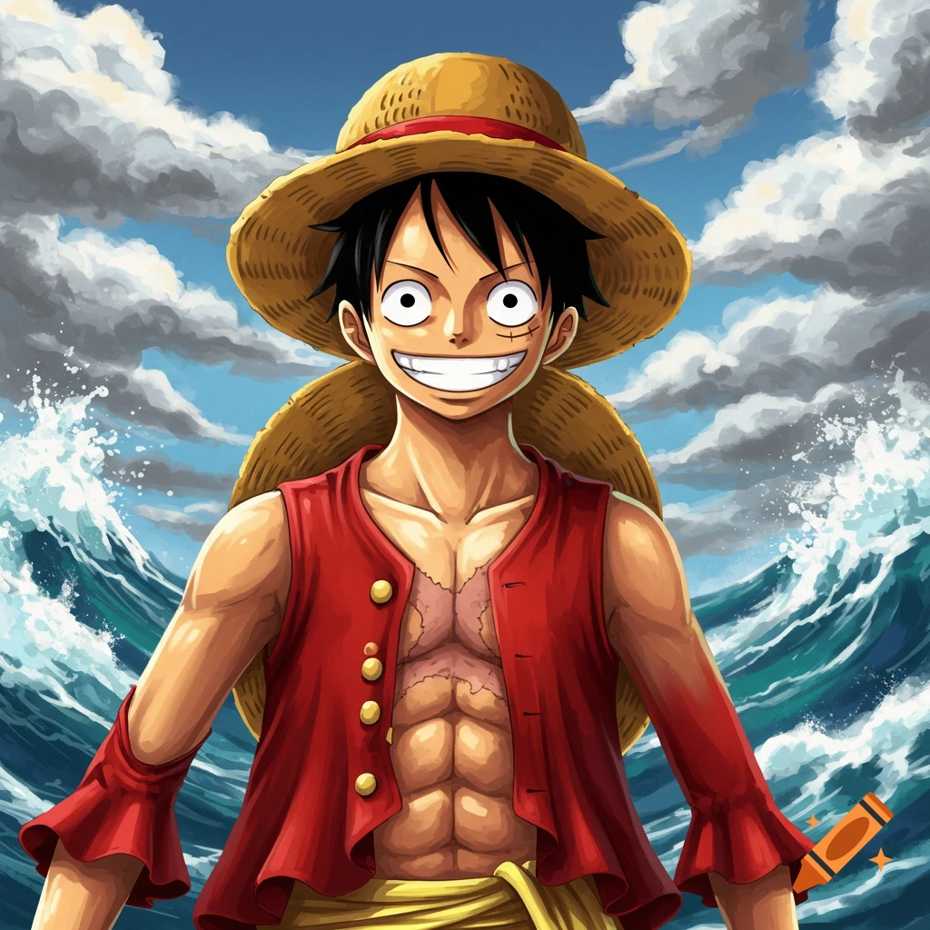 Anime character Luffy smiling in front of ocean waves and cloudy sky