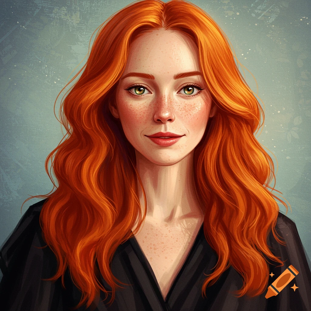 Illustration of a redheaded woman with freckles and green eyes.