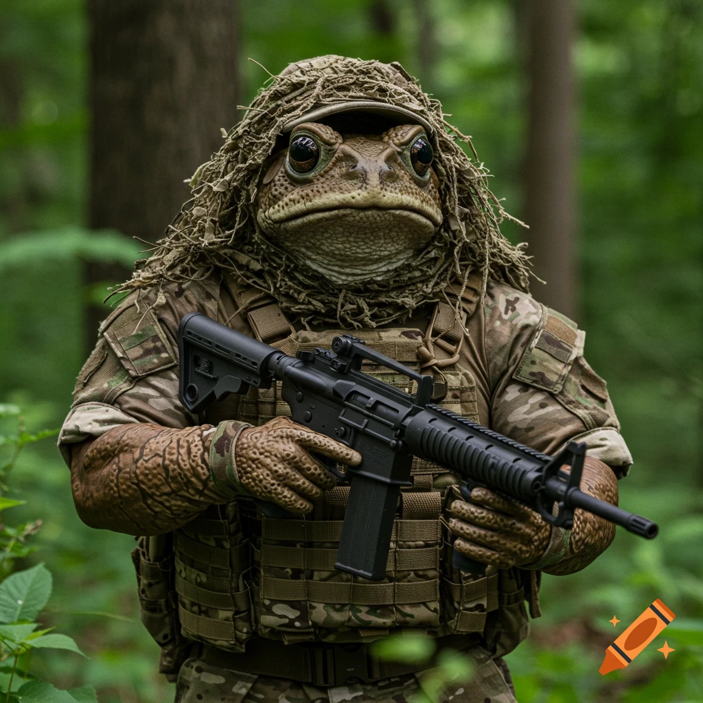 Photorealistic toad in military gear holding a rifle in a forest.