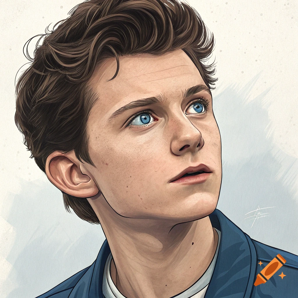 Detailed illustration of a young man with blue eyes looking up, wearing a blue jacket.