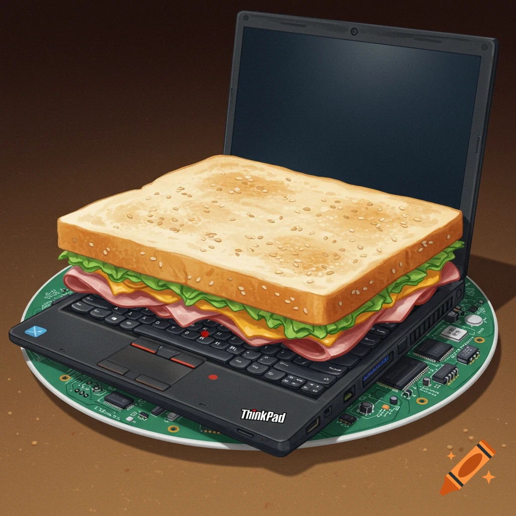 Illustration of a sandwich on a laptop, which is on a circuit board plate.
