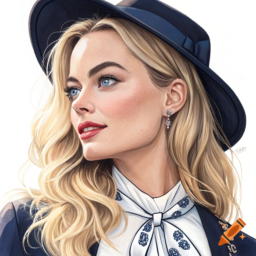 An illustration of a blonde woman in a dark hat and jacket looking left.