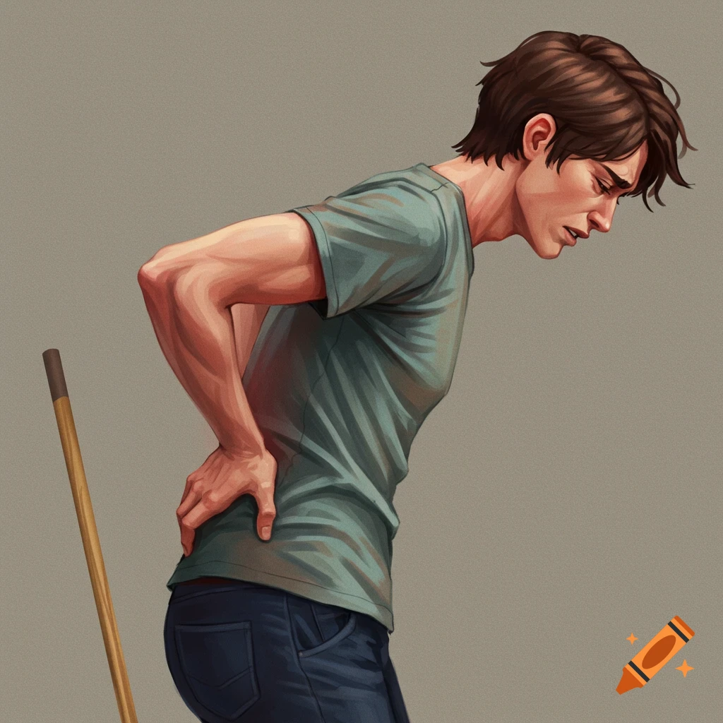 An illustration of a young man holding his lower back, looking in pain, with a stick or cane leaning nearby.