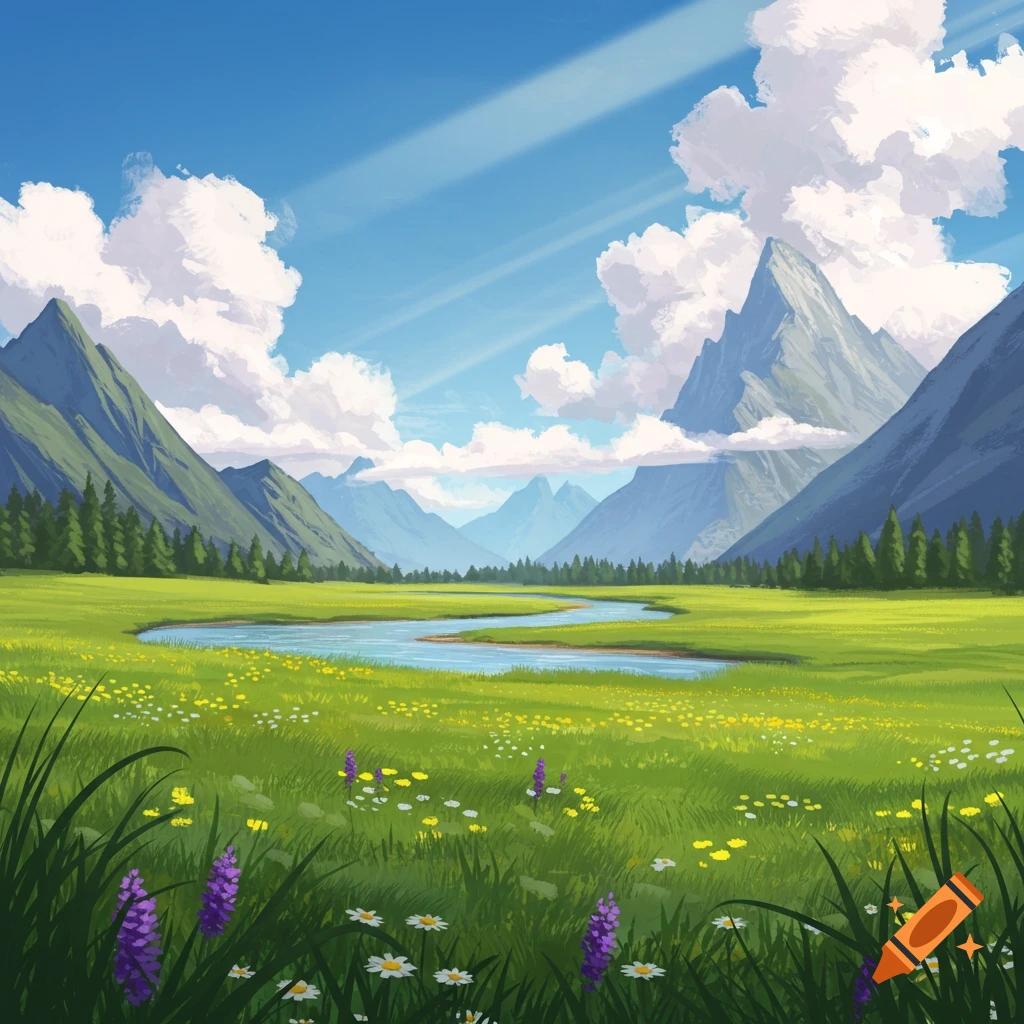 Stylized illustration of a mountain landscape with a river flowing through a grassy meadow full of colorful flowers under a cloudy sky.