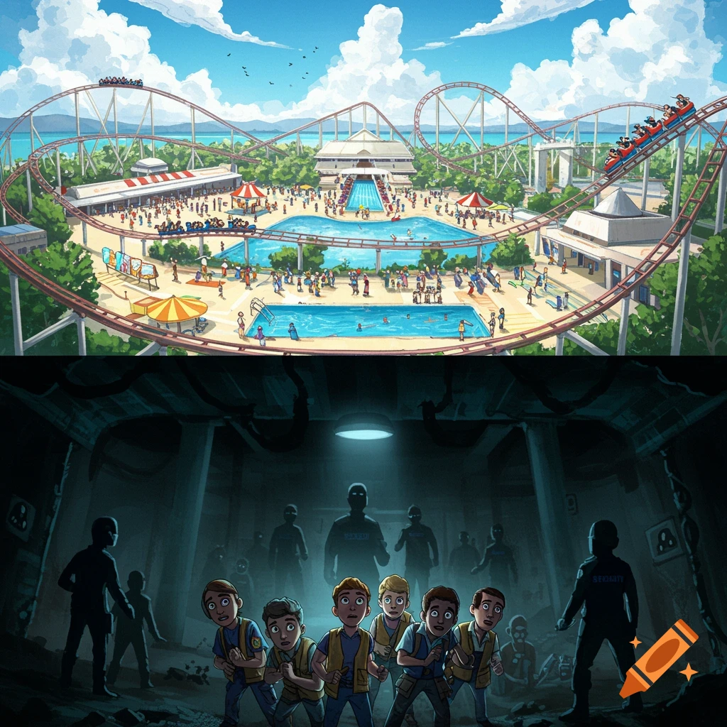 Illustration of a split scene: top is a bright theme park, bottom is a dark underground area with figures.