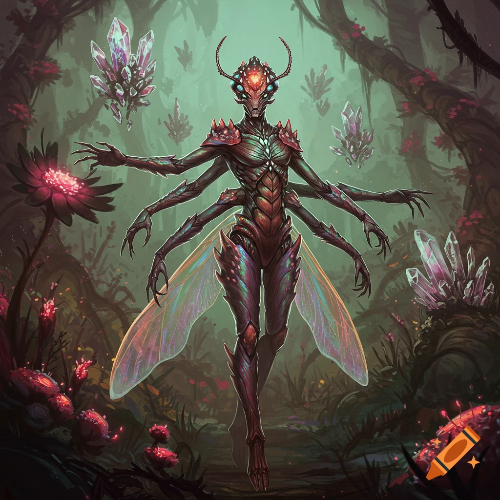 Detailed fantasy art of an insectoid alien with multiple arms and wings in an alien jungle with glowing plants and crystals.