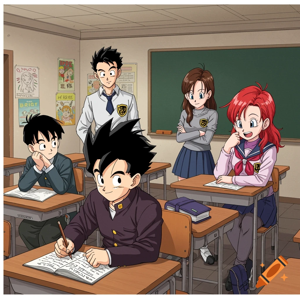 Anime illustration of Gohan, Videl, Erasa, and Sharpner in a classroom.