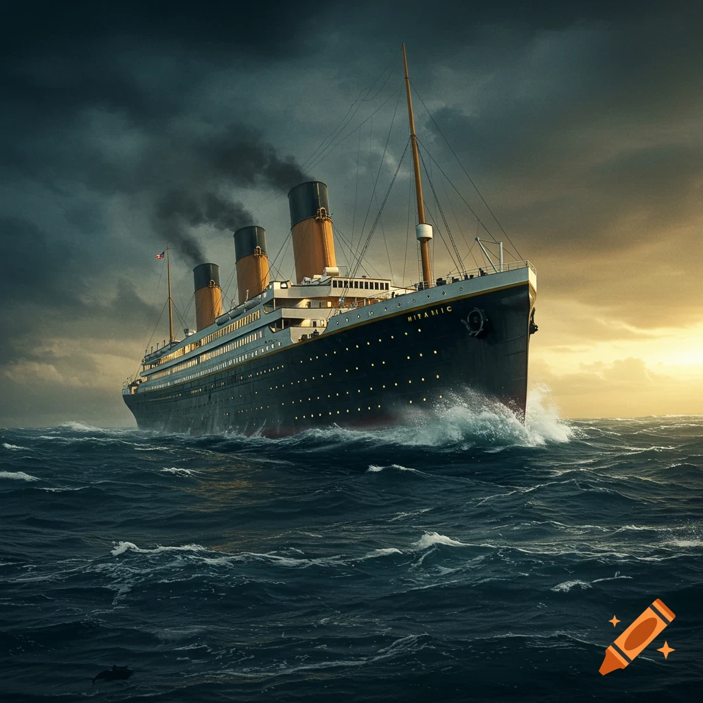 The Titanic ship sails through rough seas at sunset.