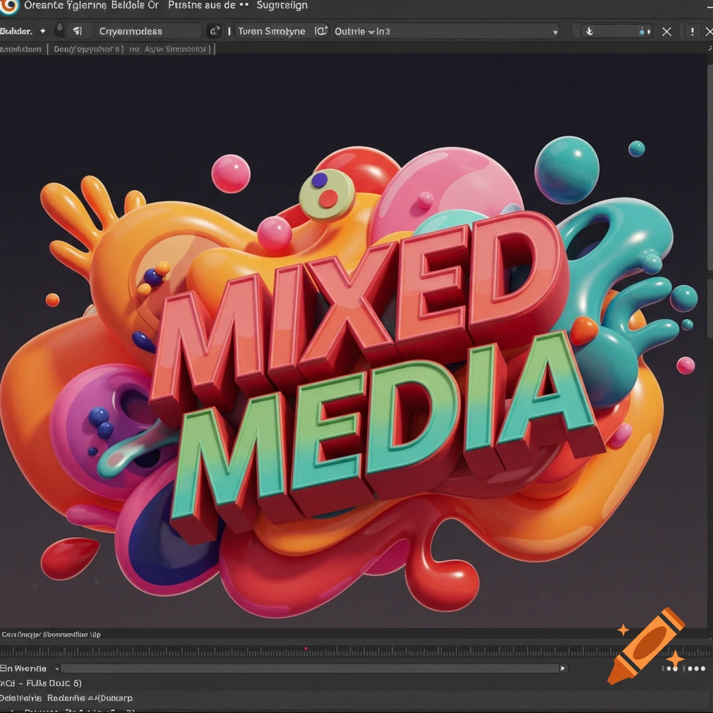 A colorful 3D illustration featuring the text 'MIXED MEDIA' surrounded by abstract shapes.