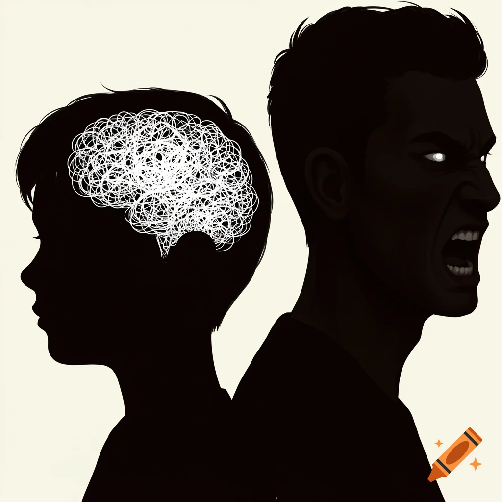Illustration of a boy silhouette with a tangled brain and an angry man silhouette.