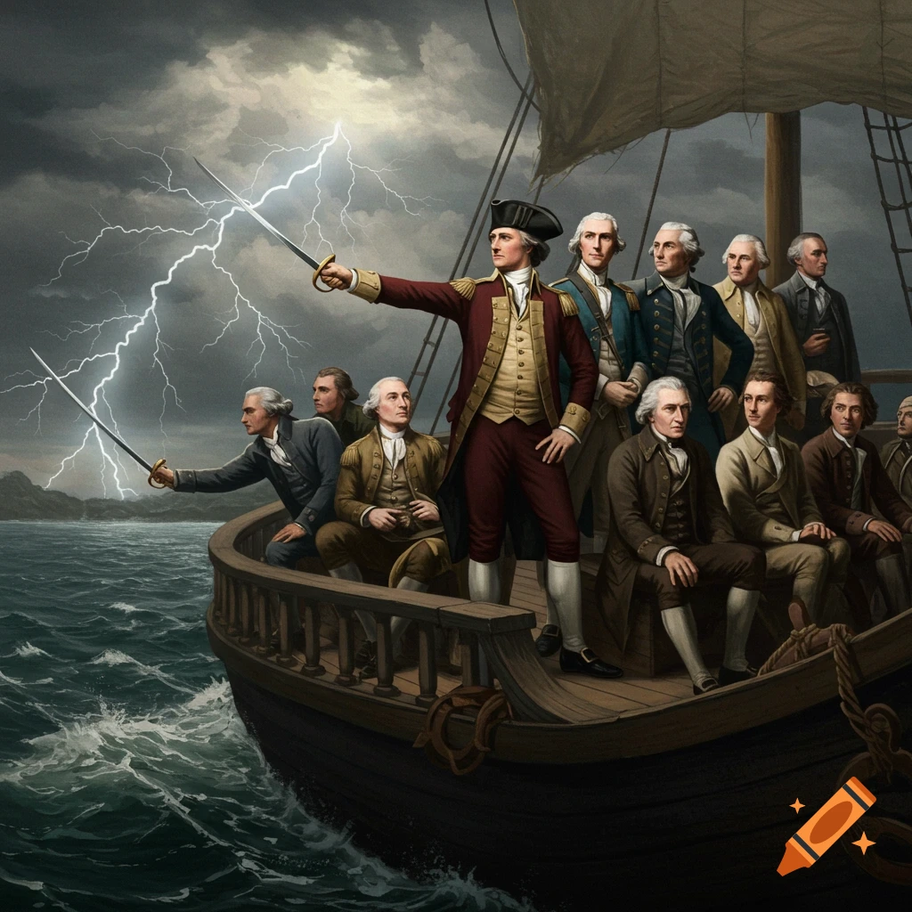 Historical figures on a ship in a storm, one pointing a sword towards lightning.