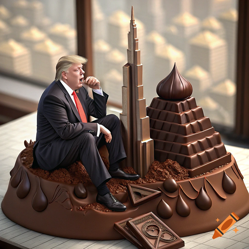 Photorealistic image of Donald Trump sitting on a large chocolate sculpture depicting buildings, eating from his hand.