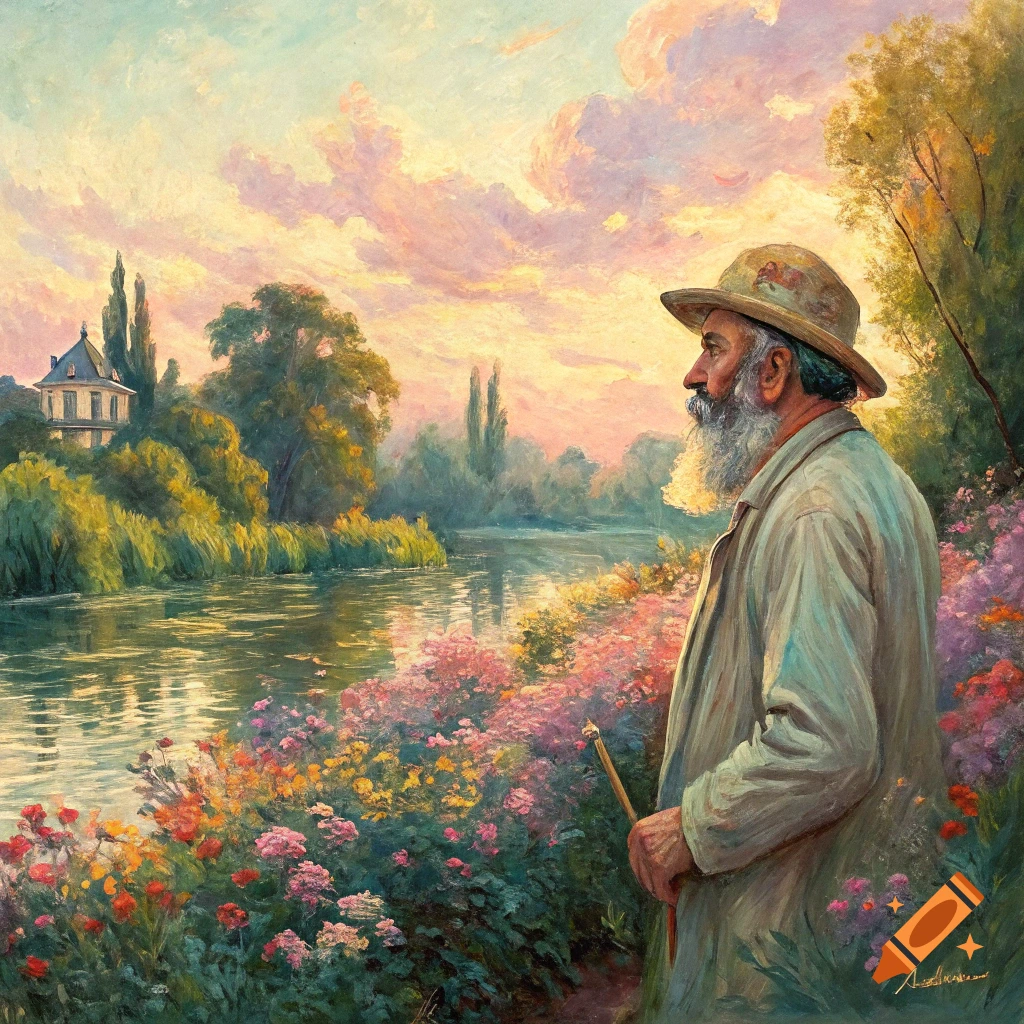 Painting of a man in a hat standing by a riverbank covered in flowers, in an impressionist style.