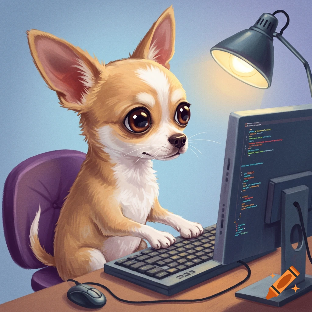 Cartoonish chihuahua dog sits at a desk, typing on a computer illuminated by a lamp.