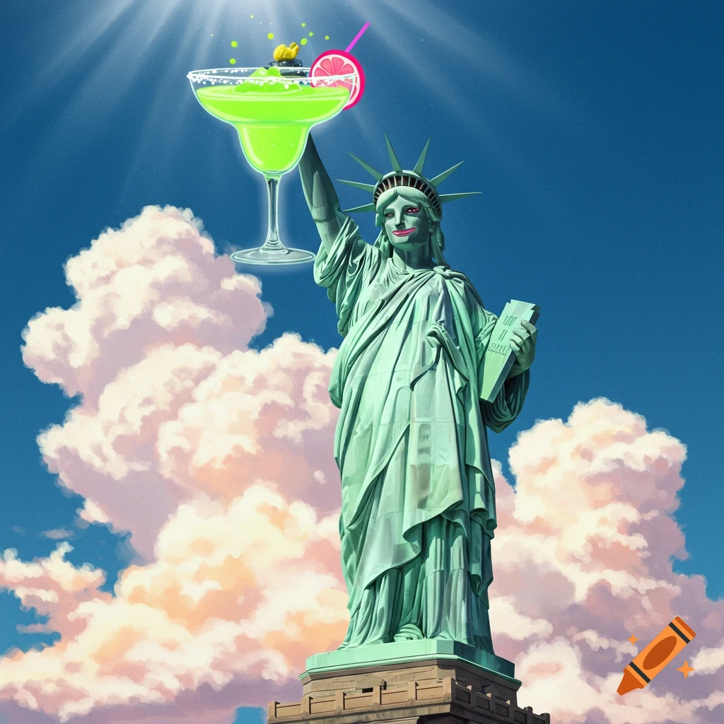 Statue of Liberty holds a large green margarita against a cloudy blue sky