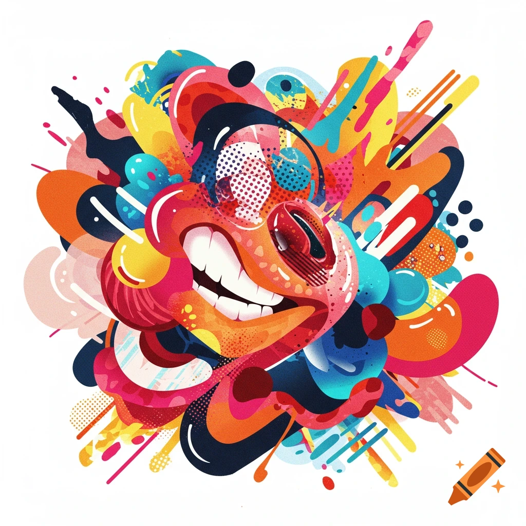 Colorful abstract illustration of a smiling cartoon face surrounded by shapes and splashes.