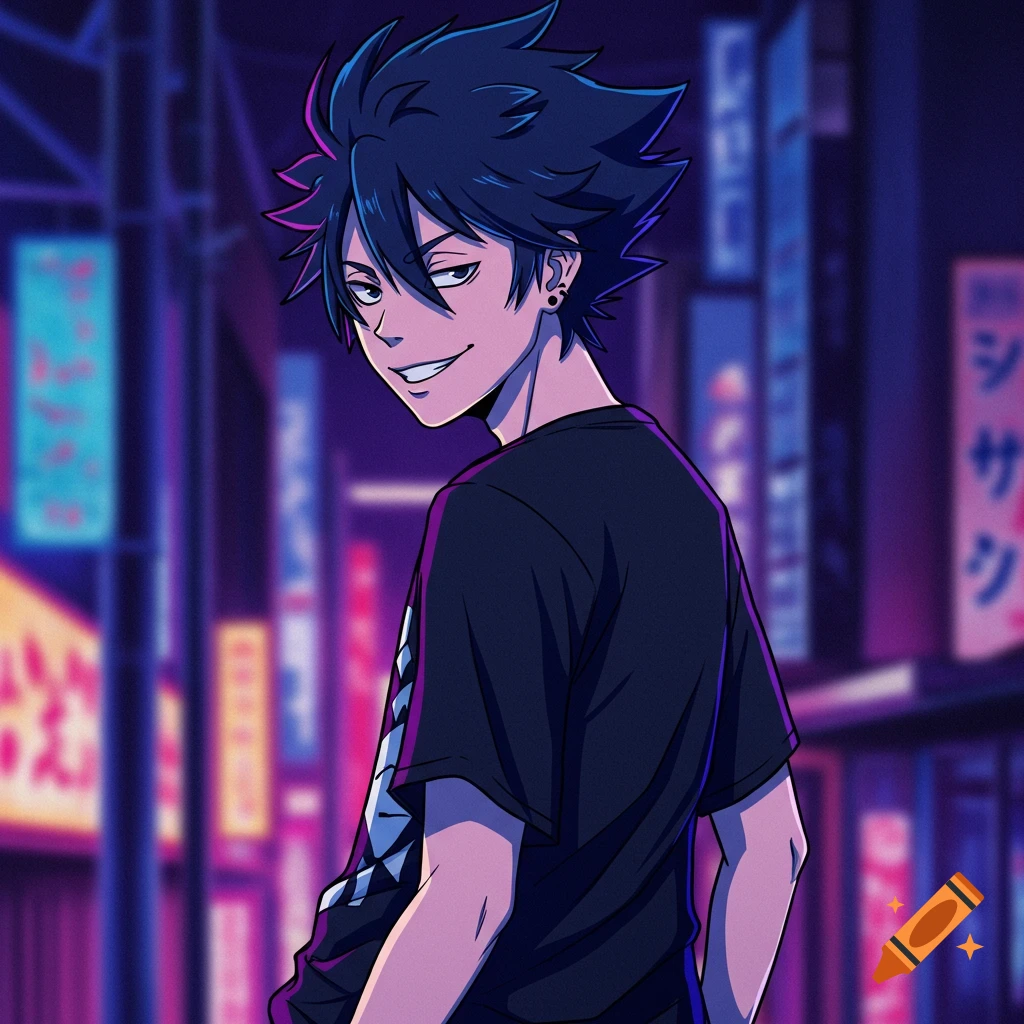 Anime guy with dark spiky hair smirking over his shoulder in a neon-lit city street at night