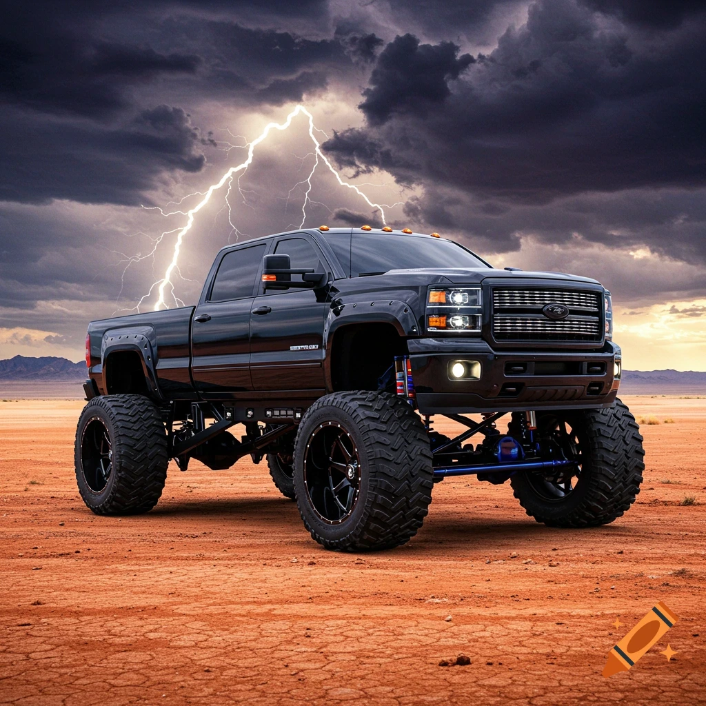 A large black lifted pickup truck with huge tires sits in a desert under a stormy sky with lightning.