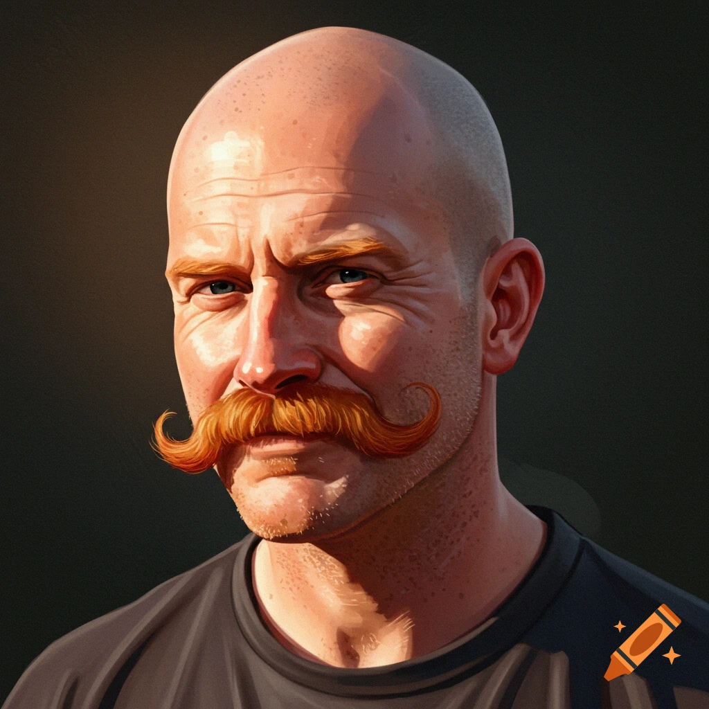 Portrait of a bald man with a large, curled orange mustache.