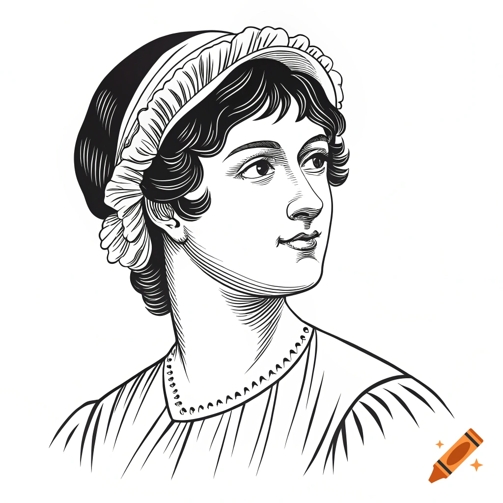 Black and white illustration of a woman in historical attire, like Jane Austen clip art