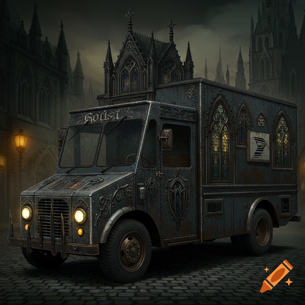 A gothic style delivery truck parked on a street with gothic buildings in the background.