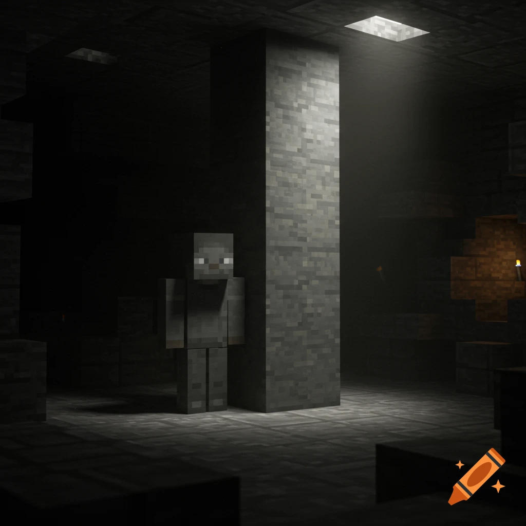 A blocky, grey Minecraft character stands in a dimly lit cave.